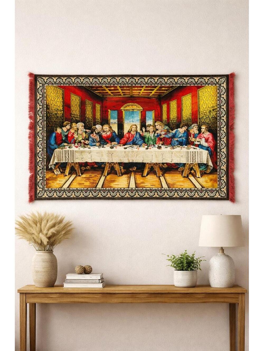 Vtg The Last Supper Fringed  Tapestry Wall Hanging Religious Jesus Biblical EC